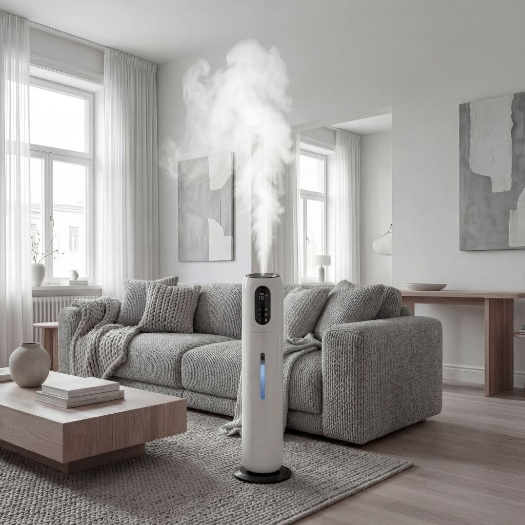 Humidificateur d'air design Aérénys blanc dans un salon moderne scandinave diffusant une brume puissante