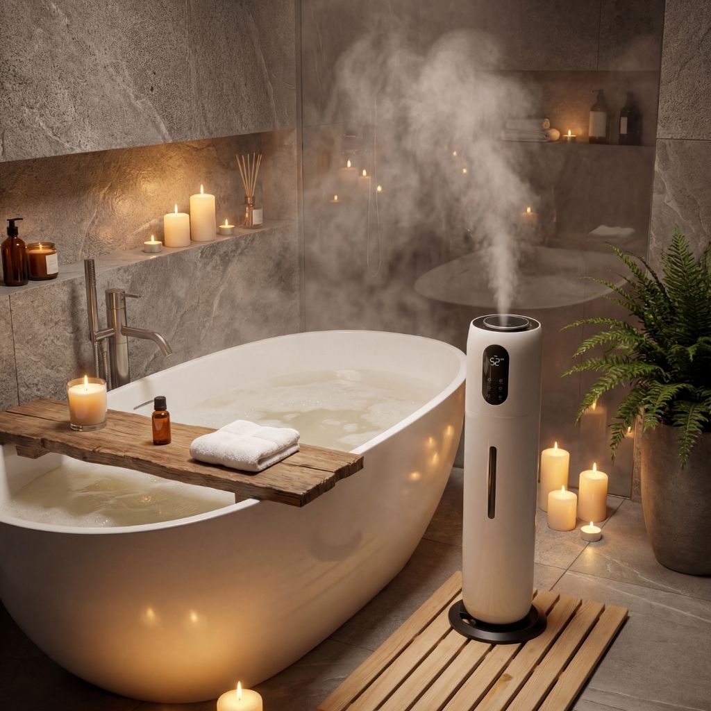 Humidificateur d'air colonne Aérénys 9L diffusant une brume relaxante dans une salle de bain ambiance spa et aromathérapie