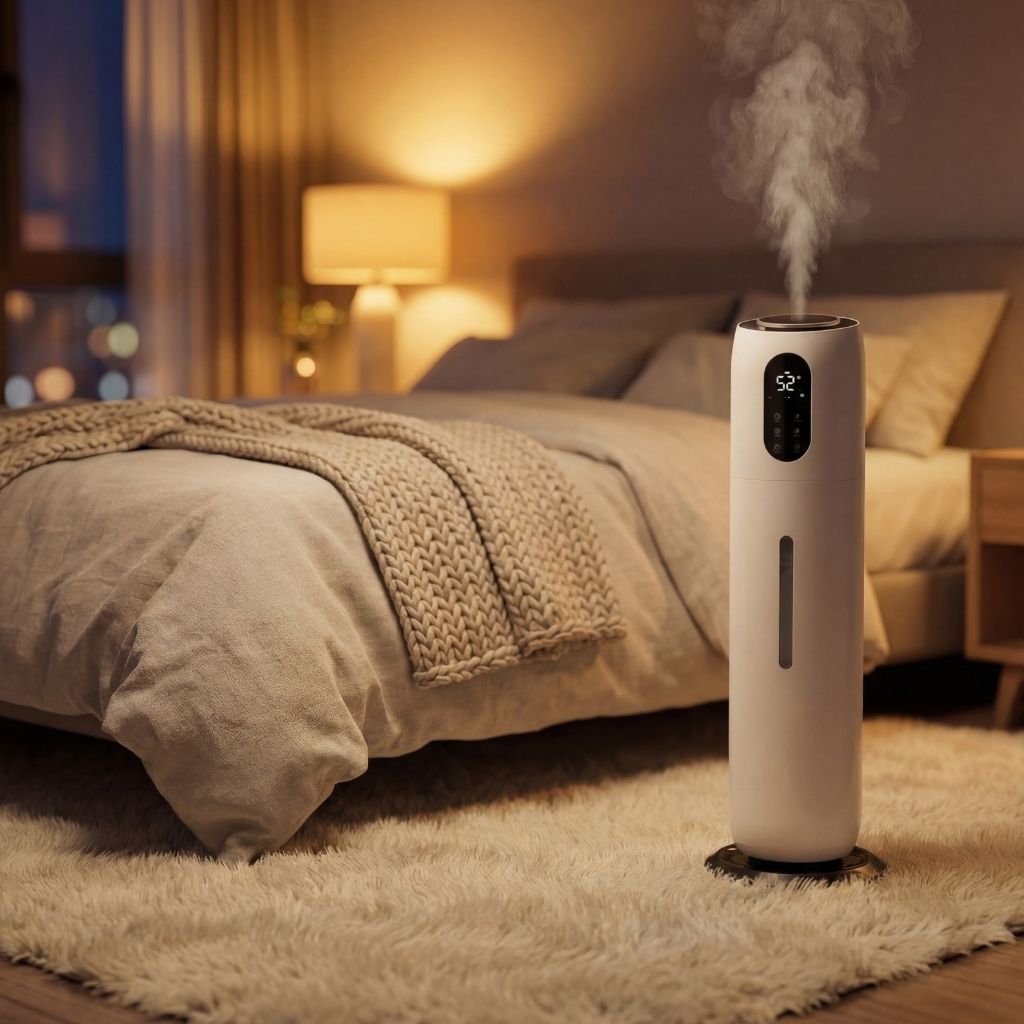 Humidificateur d'air ultrasonique Aérénys format tour 9L blanc design moderne pour grand salon et maison