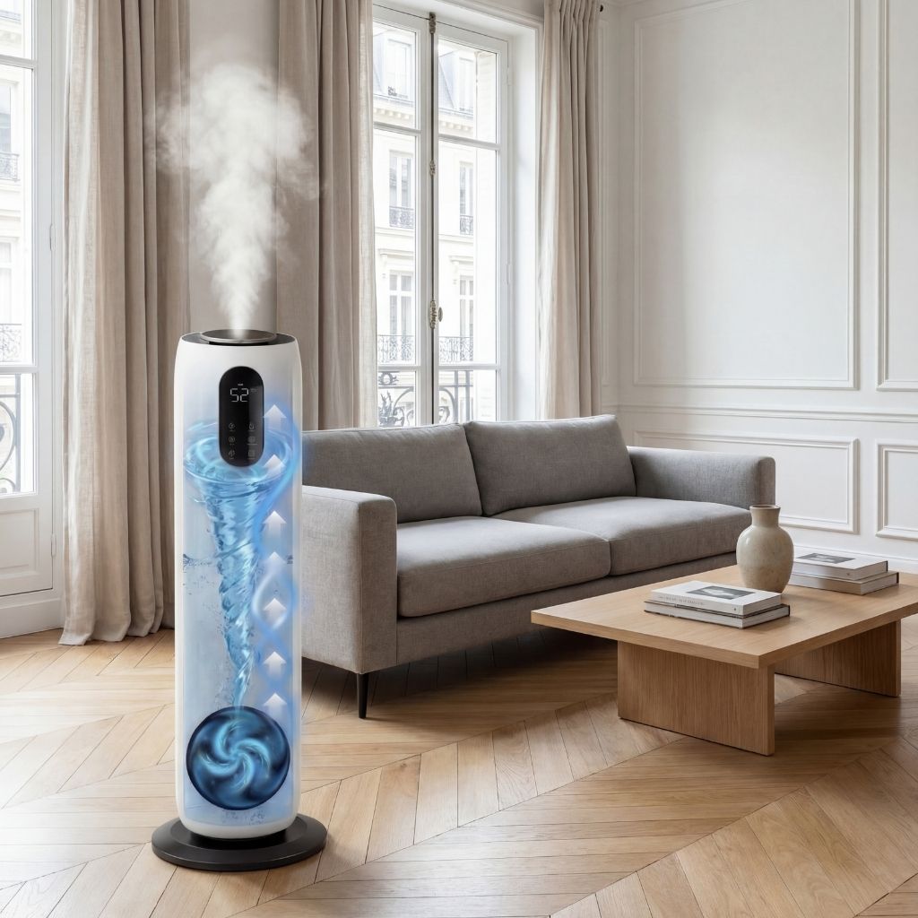 Schéma technologie vortex humidificateur Aérénys montrant la circulation de l'eau et la puissance de diffusion Image