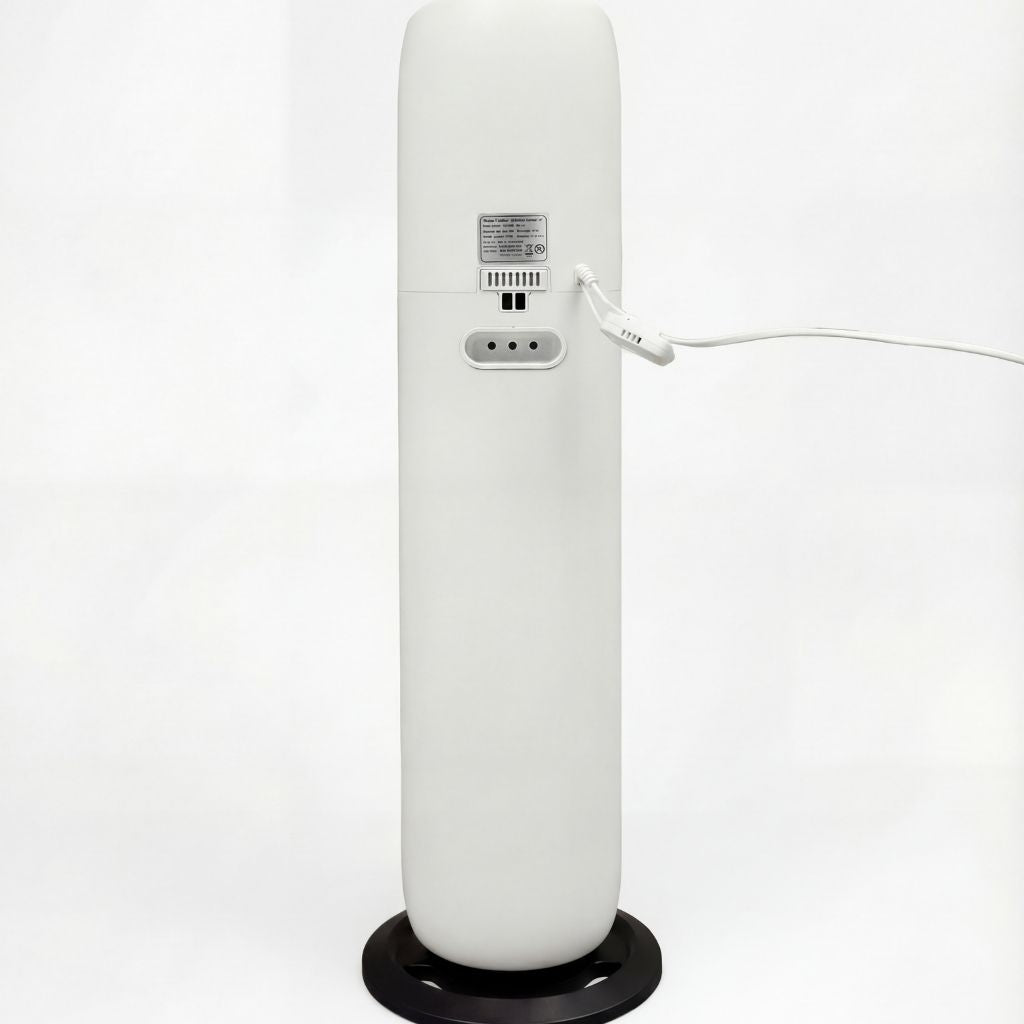 Vue arrière humidificateur tour Aérénys 9L montrant le câble d'alimentation et le design épuré sur fond blanc